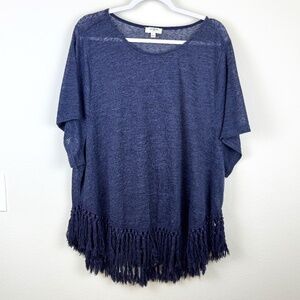 UMGEE Semi Sheer Blue Wide Neck Shirt Top with Fringe Boho Casual / Size Large